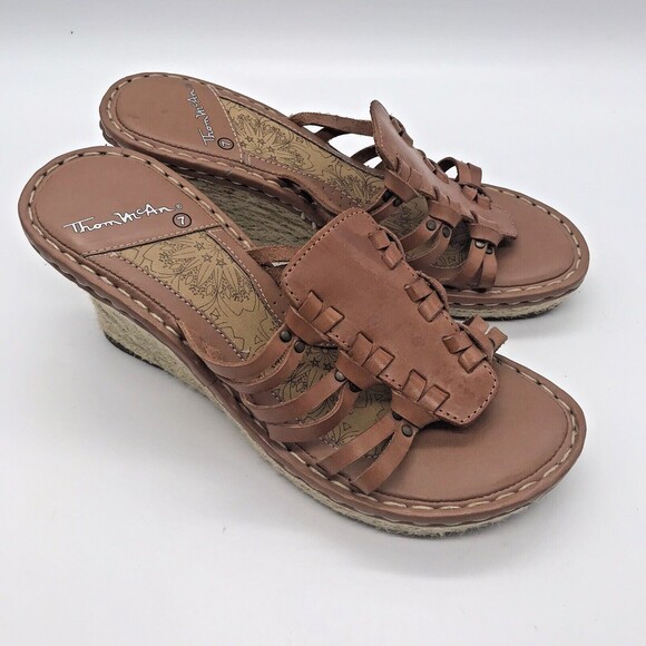 Thom McAn Women 7M Brown Leather Sandals Espadrille Wedge Open Toe Casual Heels - Picture 1 of 10